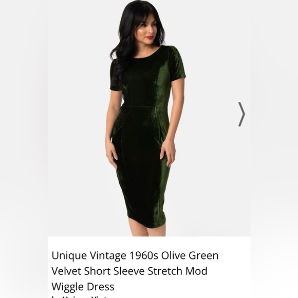 Unique Vintage 1960’s Olive Green Velvet Short Sleeve Stretch Mod Wiggle Dress - Picture 1 of 5